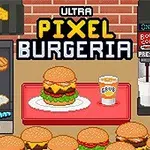 Burger z dodatkami na tacy i napój obok automatu z napojami, na tle kuchennego blatu z grillem, w stylu pikselowej grafiki