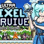 Postać z niebieskimi włosami i strojem, trzymająca kostur, stoi obok ogniska i pikselowych postaci na zimowym tle z lasem i górami