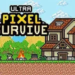 Pikselowa grafika przedstawiająca wiejską scenerię z domem, drzewami, ogniskiem i postacią w otoczeniu przyrody