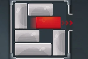 Układanka logiczna z czerwonym prostokątem pośród szarych prostokątów w metalicznej ramce