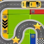 Żółty samochód na zakręconej drodze z gwiazdkami na kolorowym tle składającym się z czerwonych, żółtych, zielonych i niebieskich kwadratów