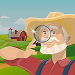 Starszy mężczyzna w kapeluszu trzymający lupę na tle zielonego wzgórza i czerwonych stodół