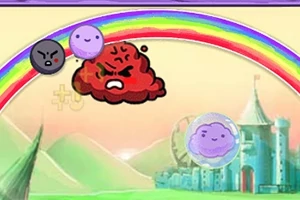 Rysunkowe postacie chmurki i rozzłoszczonej głowy na tle kolorowej tęczy i bajkowego zamku