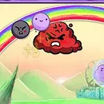 Rysunkowe postacie chmurki i rozzłoszczonej głowy na tle kolorowej tęczy i bajkowego zamku