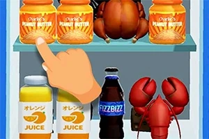 Ręka wskazująca słoik masła orzechowego na półce z jedzeniem, obok homara, napoju gazowanego i soków pomarańczowych