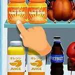 Ręka wskazująca słoik masła orzechowego na półce z jedzeniem, obok homara, napoju gazowanego i soków pomarańczowych