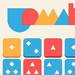 Kolorowe kafelki z symbolami w kształcie trójkątów i rombów oraz napis w stylizowanej czcionce