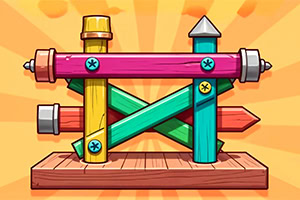 Drewniana konstrukcja z kolorowymi belkami i śrubami na tle w promieniach słońca