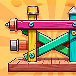 Drewniana konstrukcja z kolorowymi belkami i śrubami na tle w promieniach słońca