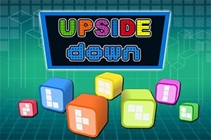 Kolorowe, neonowe litery Upside Down na tle gridu 3D z różnokolorowymi klockami w stylu retro