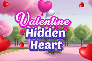 Kolorowy krajobraz z różowymi i zielonymi drzewami, unoszącymi się balonami w kształcie serc oraz napisem Valentine Hidden Heart