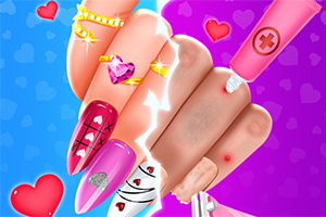 Manicure z kolorowymi paznokciami ozdobionymi wzorami serc i biżuterią, obok dłoń w trakcie leczenia z użyciem kremu na czerwonej krostce