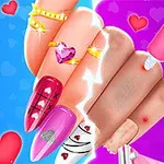 Manicure z kolorowymi paznokciami ozdobionymi wzorami serc i biżuterią, obok dłoń w trakcie leczenia z użyciem kremu na czerwonej krostce