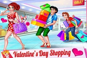 Postacie z zakupami niosące torby i pudełka w centrum handlowym udekorowanym na Walentynki, z napisami Valentines Day Shopping