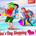 Postacie z zakupami niosące torby i pudełka w centrum handlowym udekorowanym na Walentynki, z napisami Valentines Day Shopping