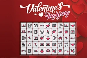 Czerwone tło z wzorami serc oraz plansza z symbolami miłości i Walentynek u góry z napisem Valentines Mahjong