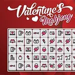 Czerwone tło z wzorami serc oraz plansza z symbolami miłości i Walentynek u góry z napisem Valentines Mahjong