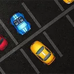 Kilka kolorowych samochodów zaparkowanych na czarnym asfalcie, w tym niebieski, żółty i pojazd z symbolem medycznym