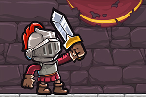 Rycerz w hełmie z czerwonym pióropuszem i mieczem w ręku stoi przed kamienną ścianą