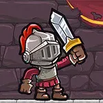 Rycerz w hełmie z czerwonym pióropuszem i mieczem w ręku stoi przed kamienną ścianą