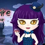 Postać z fioletowymi włosami, w kapeluszu i sukience, trzymająca kieliszek, na tle mrocznego zamku i nietoperzy