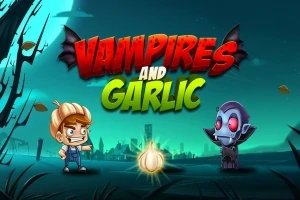 Chłopiec z czosnkiem i wampir na tle nocnego krajobrazu z napisem Vampires and Garlic
