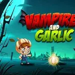 Chłopiec z czosnkiem i wampir na tle nocnego krajobrazu z napisem Vampires and Garlic