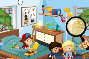 Troje dzieci bawiących się w pokoju z zabawkami i wielką lupą na pierwszym planie