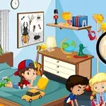 Troje dzieci bawiących się w pokoju z zabawkami i wielką lupą na pierwszym planie