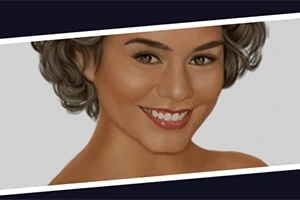 Młoda kobieta z krótkimi, falującymi włosami uśmiecha się do kamery