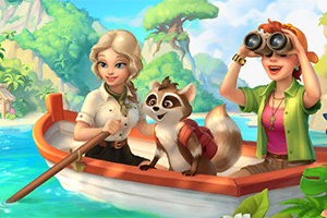 Dwie uśmiechnięte postacie i szop z plecakiem w łodzi na spokojnej wodzie, z tropikalnym krajobrazem w tle