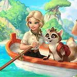 Dwie uśmiechnięte postacie i szop z plecakiem w łodzi na spokojnej wodzie, z tropikalnym krajobrazem w tle