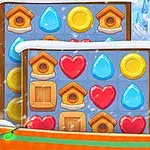 Kobieta w zimowym płaszczu obok planszy z elementami w kształcie serc, kropli wody, drewnianych domków i monet