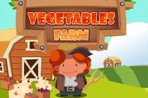 Mężczyzna z widłami stojący przed stodołą na farmie z napisem Vegetables Farm, z koszami warzyw i dwoma prosiakami obok