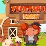 Mężczyzna z widłami stojący przed stodołą na farmie z napisem Vegetables Farm, z koszami warzyw i dwoma prosiakami obok