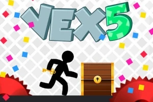 Grafika przedstawia czarną postać biegnącą w kierunku drewnianej skrzyni z zamkiem, z kolorowym napisem „VEX 5” na górze i konfetti w tle