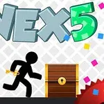 Grafika przedstawia czarną postać biegnącą w kierunku drewnianej skrzyni z zamkiem, z kolorowym napisem „VEX 5” na górze i konfetti w tle