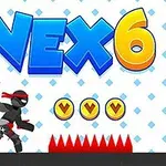 Ninja w czerwonej opasce biegnie po platformie z kolcami, obok flagi i trzech żółtych monet na tle z napisem VEX 6