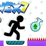 Czarna sylwetka postaci biegnącej po platformie, wokół której znajdują się kolce oraz fiolka z zieloną strzałką, w tle duży napis VEX 7