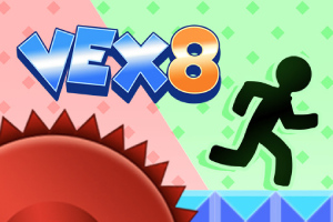 Czarna sylwetka postaci biegnącej na niebieskiej platformie z czerwonym kołem zębatym i kolorowym napisem Vex 8 na tle w odcieniach zieleni i różu