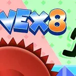 Czarna sylwetka postaci biegnącej na niebieskiej platformie z czerwonym kołem zębatym i kolorowym napisem Vex 8 na tle w odcieniach zieleni i różu