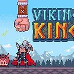 W pikselowej grafice przedstawiono wikinga z rogami i młotem, a także postacie i duże pięści zawieszone nad ziemią, z napisem Viking King na tle górskiego krajobrazu