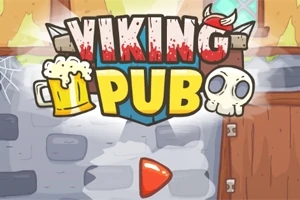 Napis Viking Pub z ikoną kufla piwa i czaszki na tle drewnianych drzwi i kamiennej ściany