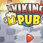 Napis Viking Pub z ikoną kufla piwa i czaszki na tle drewnianych drzwi i kamiennej ściany
