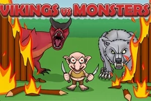 Postacie fantastyczne, w tym czerwony smok, wilk i postać z nożami, na tle płonących drewnianych pali z napisem Vikings vs Monsters