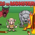 Postacie fantastyczne, w tym czerwony smok, wilk i postać z nożami, na tle płonących drewnianych pali z napisem Vikings vs Monsters