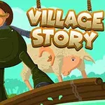 Mężczyzna w kapeluszu i ogrodniczkach wraz z dzieckiem i owcą na moście z napisem Village Story w tle