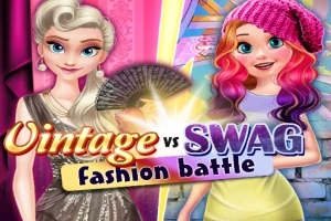 Dwie postacie ubrane w stylu vintage i swag, podzielone jasnym promieniem światła, z napisem „Vintage vs Swag fashion battle”