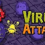 Kolorowe kreskówkowe wirusy na fioletowym tle z dużym napisem VIRUS ATTACK