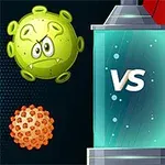 Zabawna, animowana postać wirusa obok niebieskiego panelu z napisem VS i kolorowymi tarczami po prawej stronie